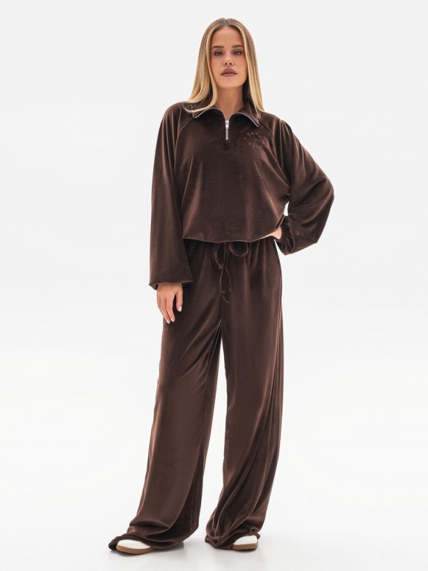 Chocolate velour suit with wide trousers