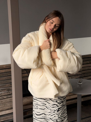 Зимовий пуховик ковдра айворі з об'ємним коміром