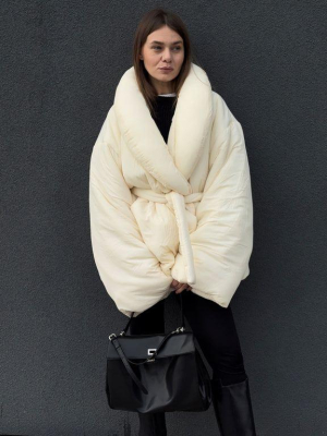 Зимовий пуховик ковдра айворі з об'ємним коміром