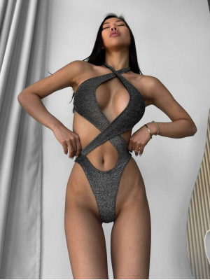 Графітовий блискучий купальник монокіні халтер
