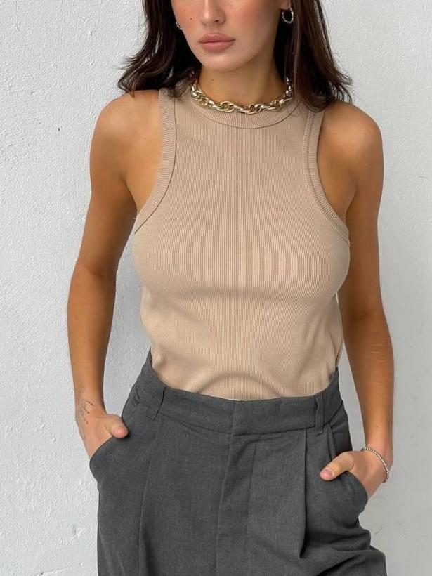 Beige ribbed cotton tank top