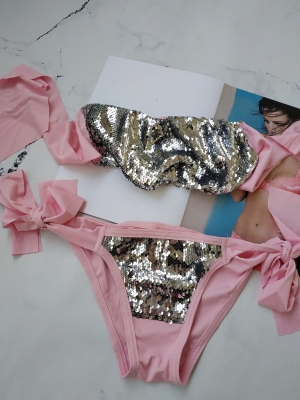 Рожевий купальник бандо в паєтках