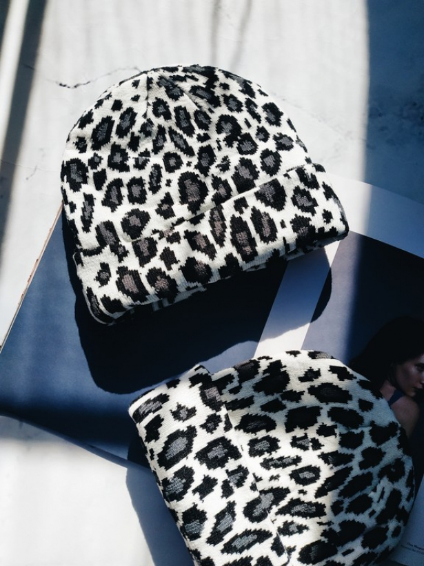 Black and white leopard print beanie hat