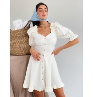 Milk linen dress with puff sleeves