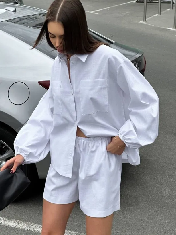 White linen shirt and shorts suit