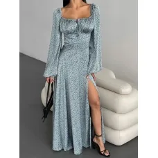 Long silk blue corset dress with slit