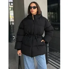 Black winter down jacket with a drawstring at the waist