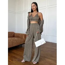 Geometric print silk three-piece trouser suit