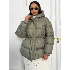 Winter khaki down jacket with drawstring at the waist