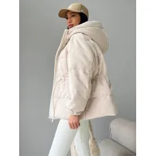 Jacquard winter down jacket with drawstring at the waist