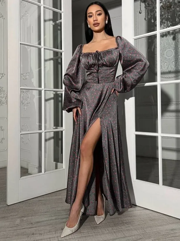 Long silk floral print corset dress with long sleeves