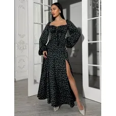 Long black blue flowers print silk corset dress
