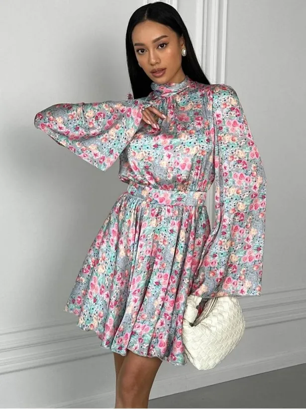 Silk open back small floral print mini dress