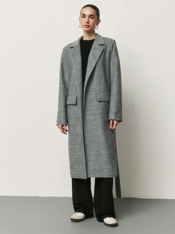 Gray midi coat with belt and shoulder pads