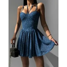 Blue polka dot corset shorts jumpsuit 