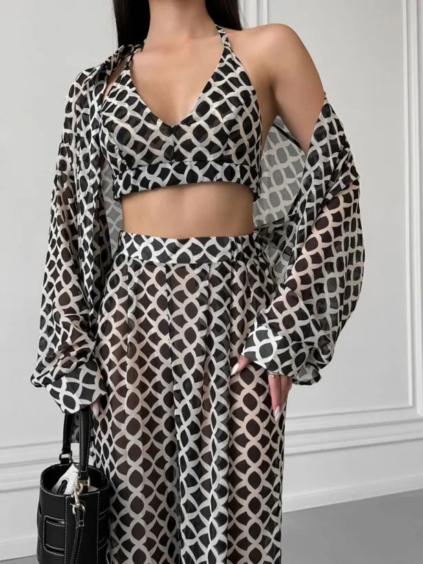 Chiffon 3-in-1 shirt wide leg pants suit