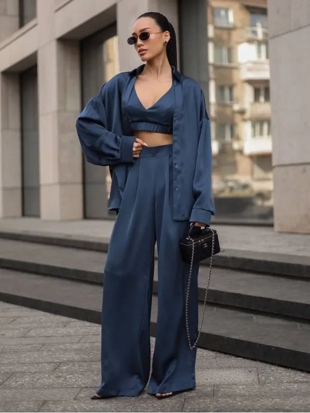 Satin 3-in-1 palazzo shirt top pantsuit 