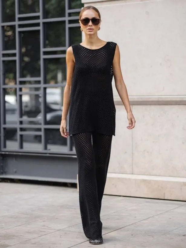 Cotton knitted mesh pantsuit