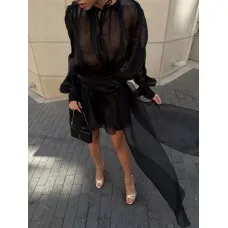 Black airy translucent organza mini dress with flounces