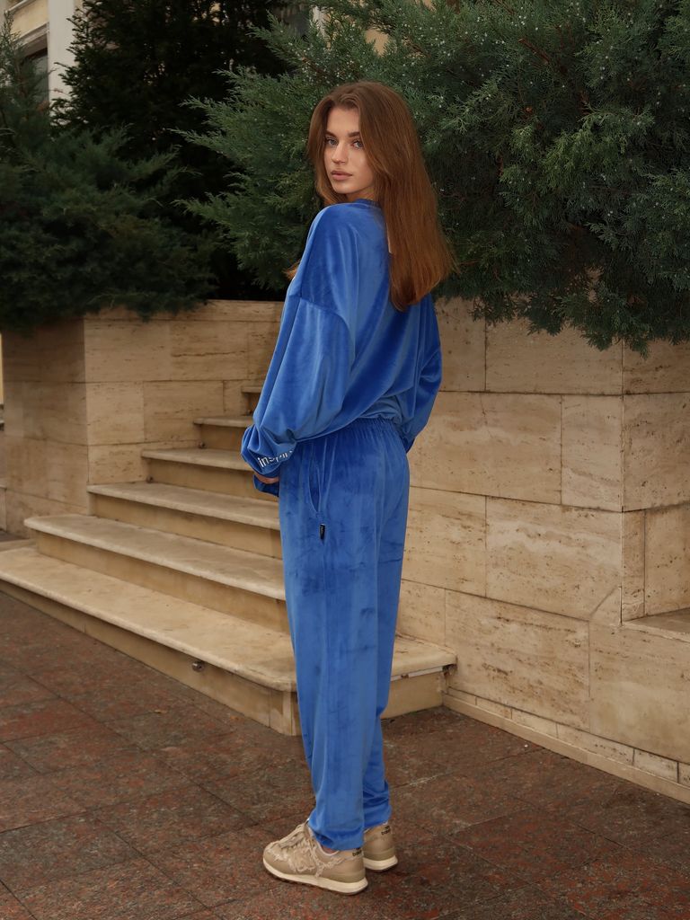 Синій велюровий костюм з подовженим світшотом