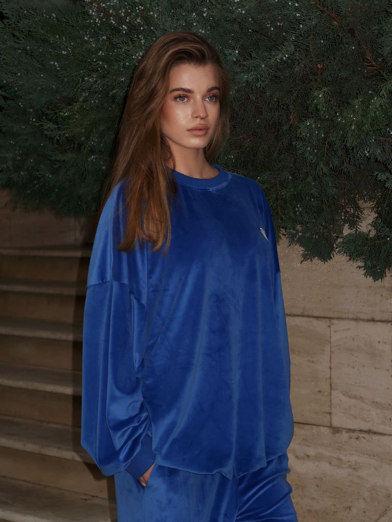 Синій велюровий костюм з подовженим світшотом