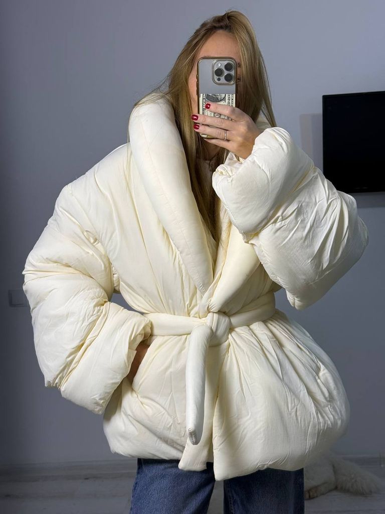 Зимовий пуховик ковдра айворі з об'ємним коміром