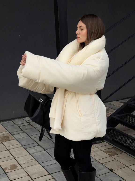 Зимовий пуховик ковдра айворі з об'ємним коміром