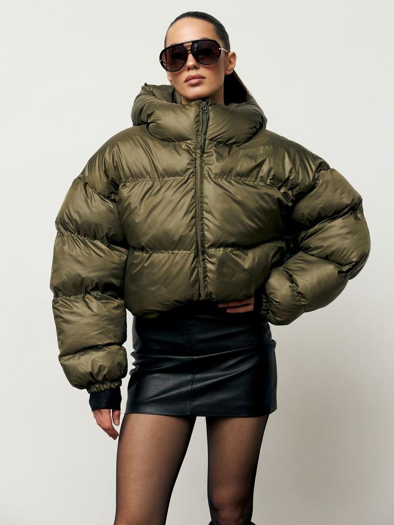 Короткий зимовий пуховик хакі oversize