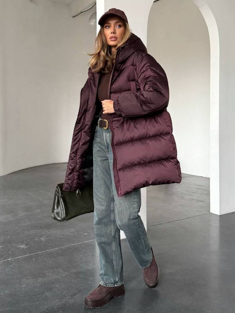 Винний подовжений зимовий пуховик