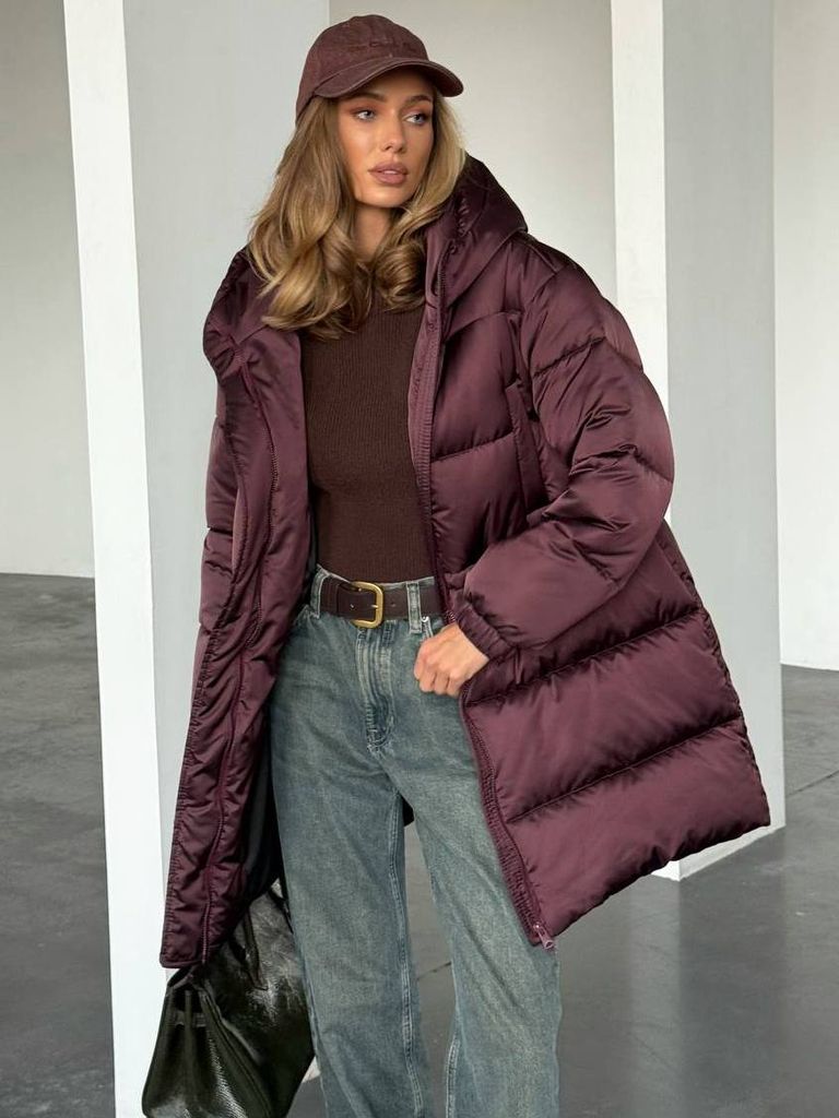 Винний подовжений зимовий пуховик