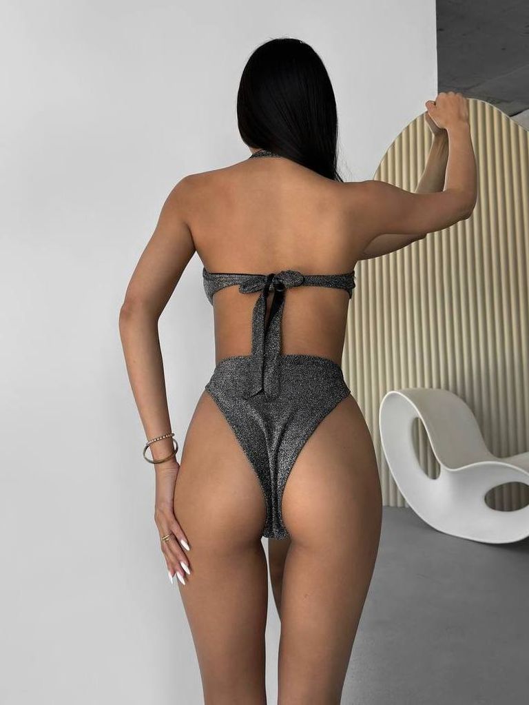 Графітовий блискучий купальник монокіні халтер