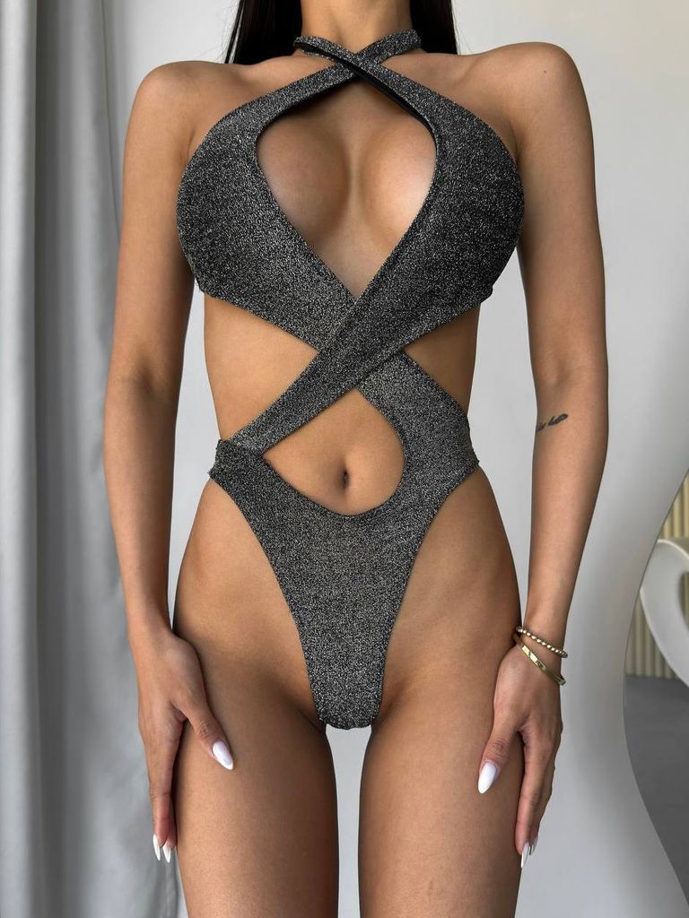 Графітовий блискучий купальник монокіні халтер