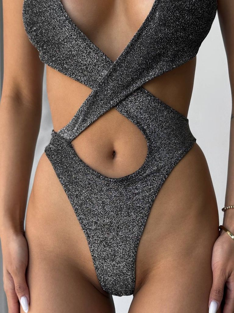 Графітовий блискучий купальник монокіні халтер