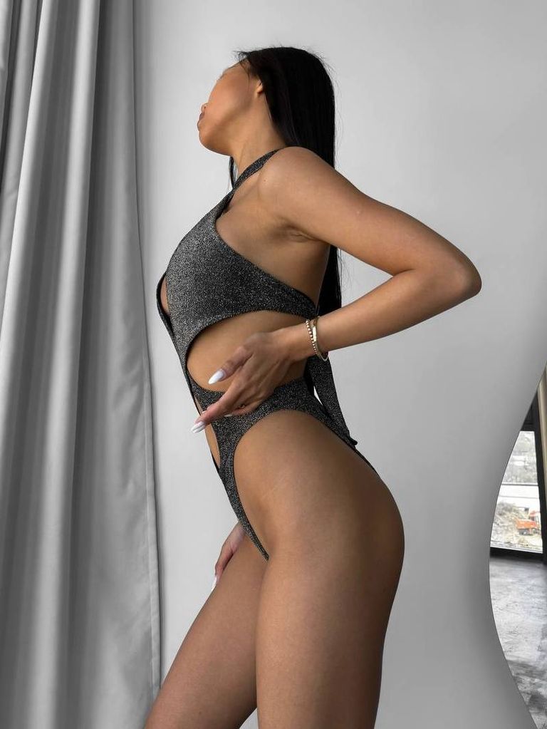 Графітовий блискучий купальник монокіні халтер