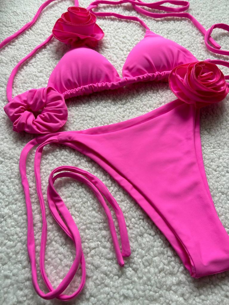 Рожевий купальник на зав'язках з 3D квітами