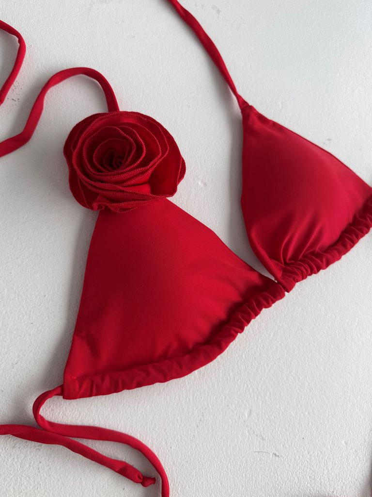 Червоний купальник на зав'язках з 3D квітами