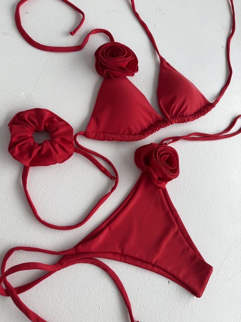 Червоний купальник на зав'язках з 3D квітами