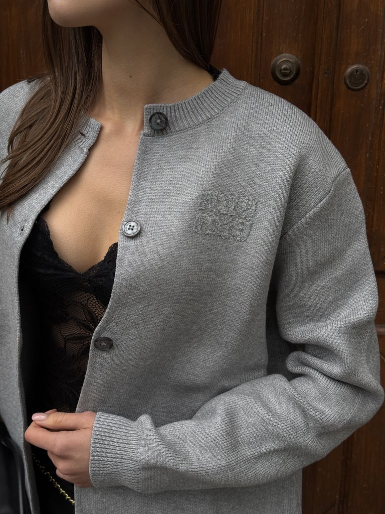 Сірий бавовняний трикотажний кардиган в стилі MIU MIU
