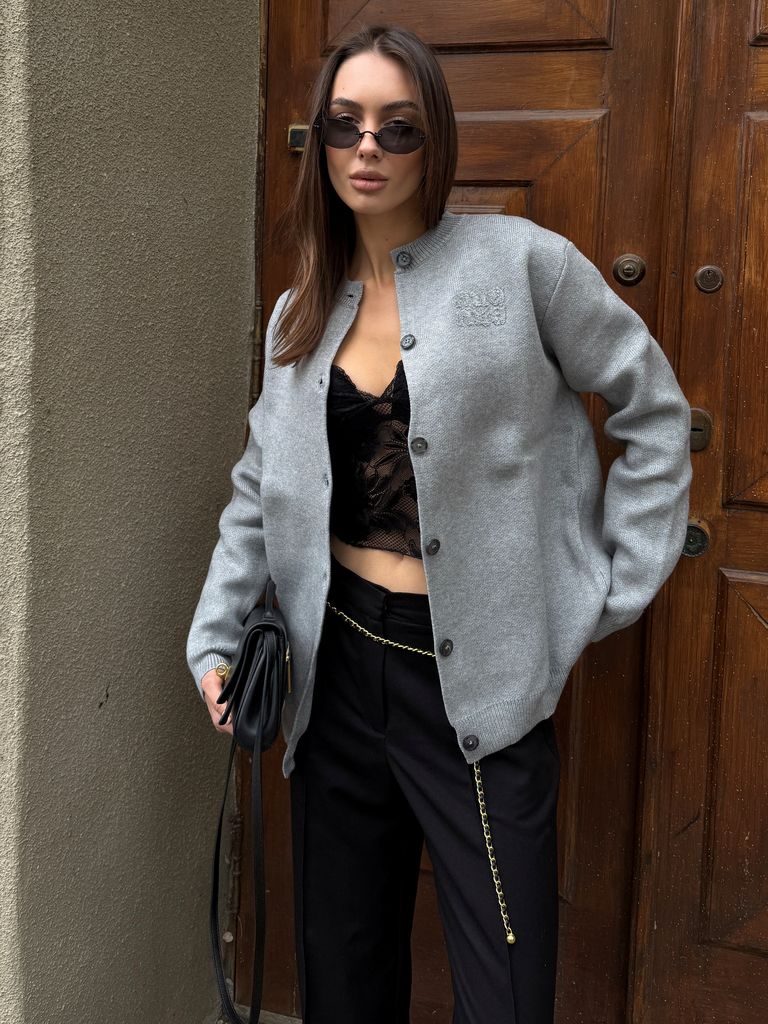 Сірий бавовняний трикотажний кардиган в стилі MIU MIU