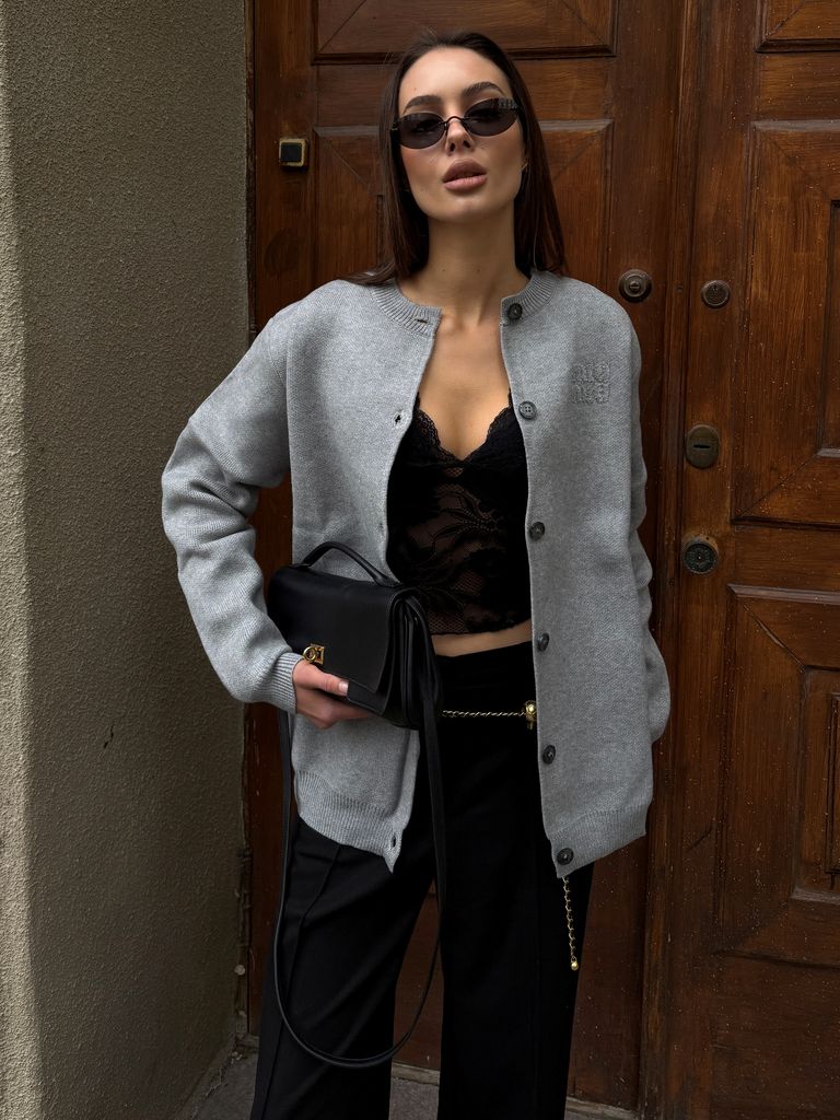 Сірий бавовняний трикотажний кардиган в стилі MIU MIU