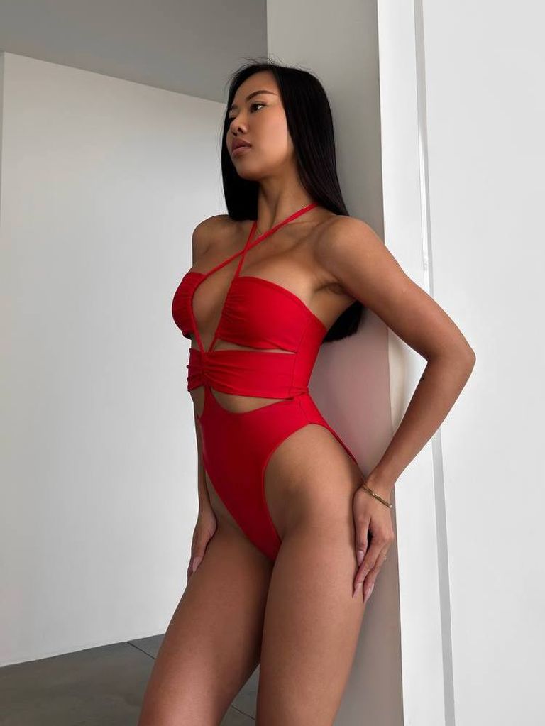 Купальник суцільний з вирізами і 3D квіткою