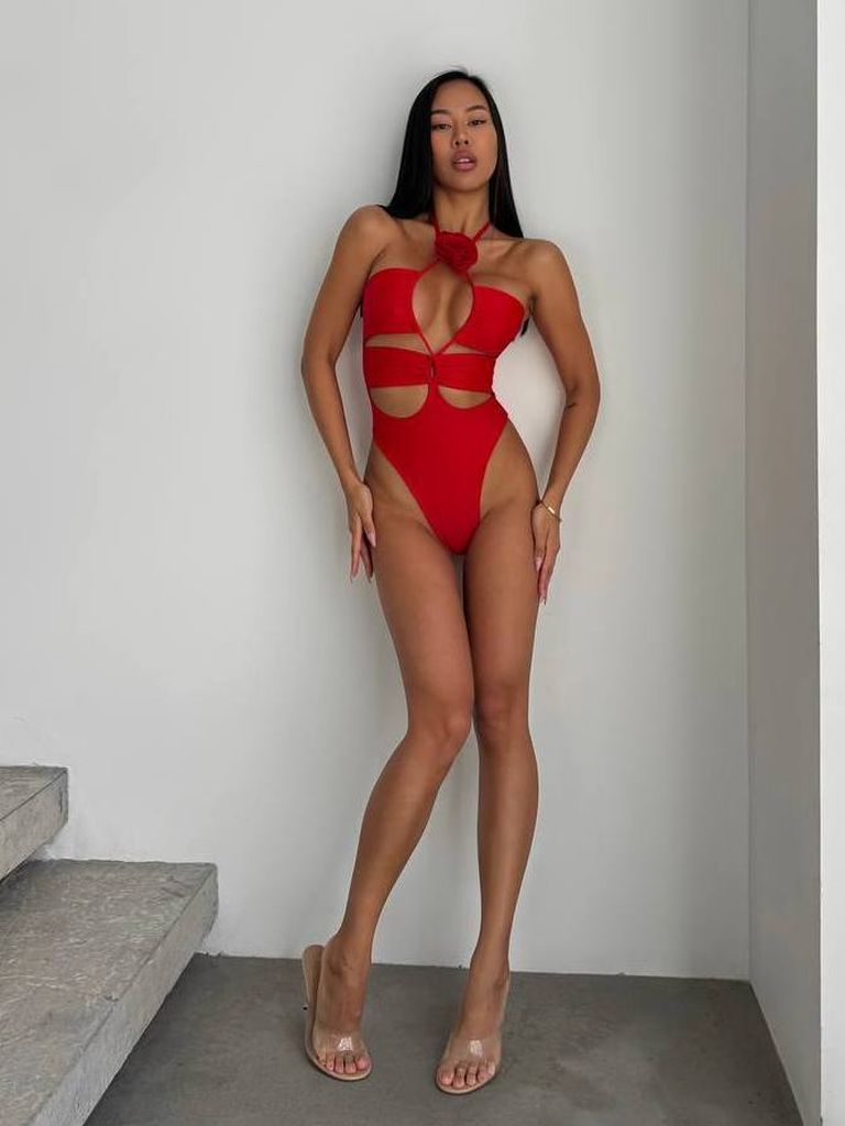 Купальник суцільний з вирізами і 3D квіткою