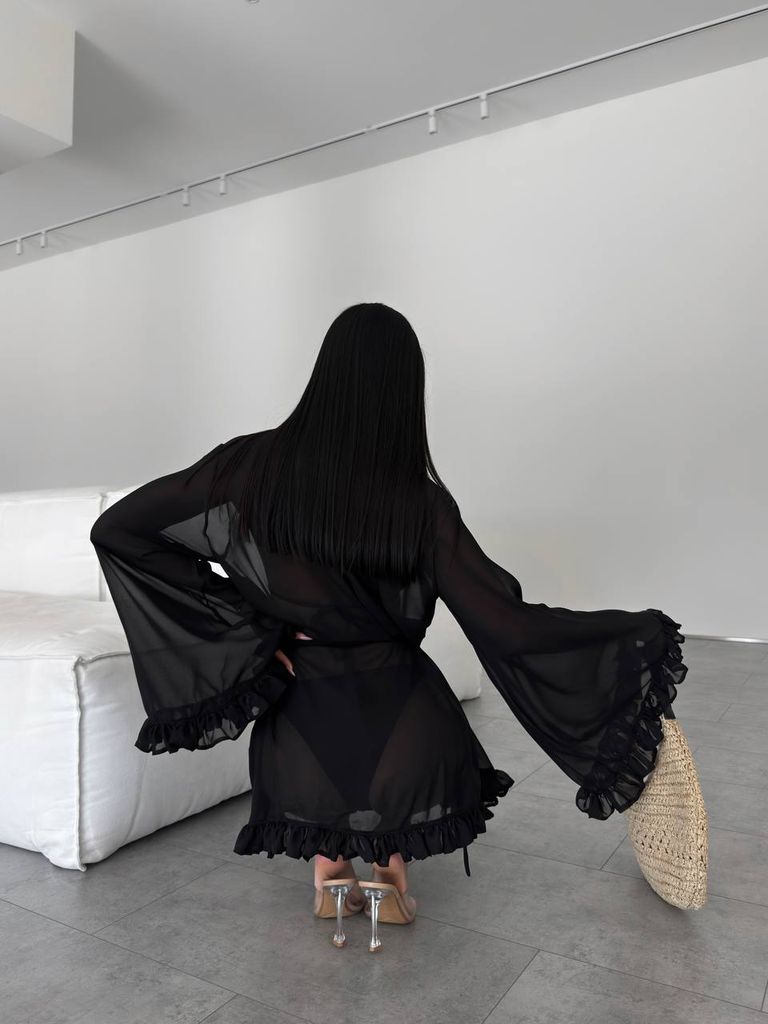 Пляжна накидка кімоно чорна шифонова 