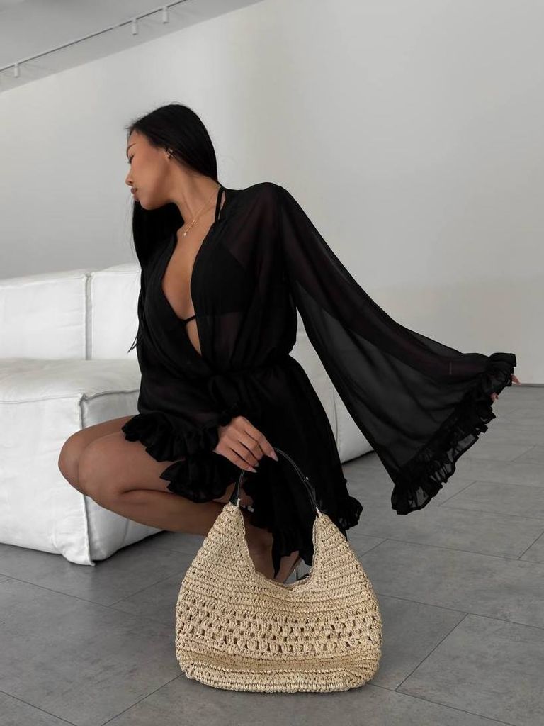 Пляжна накидка кімоно чорна шифонова 