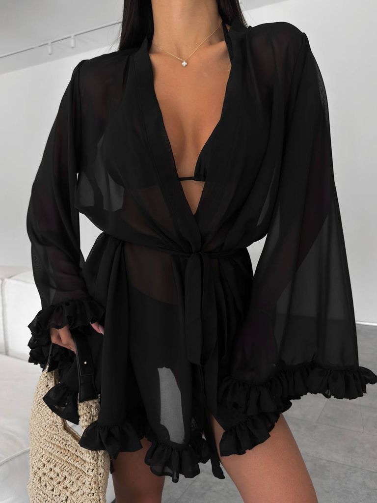 Пляжна накидка кімоно чорна шифонова 