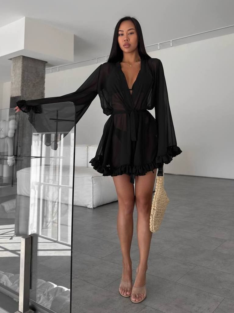 Пляжна накидка кімоно чорна шифонова 