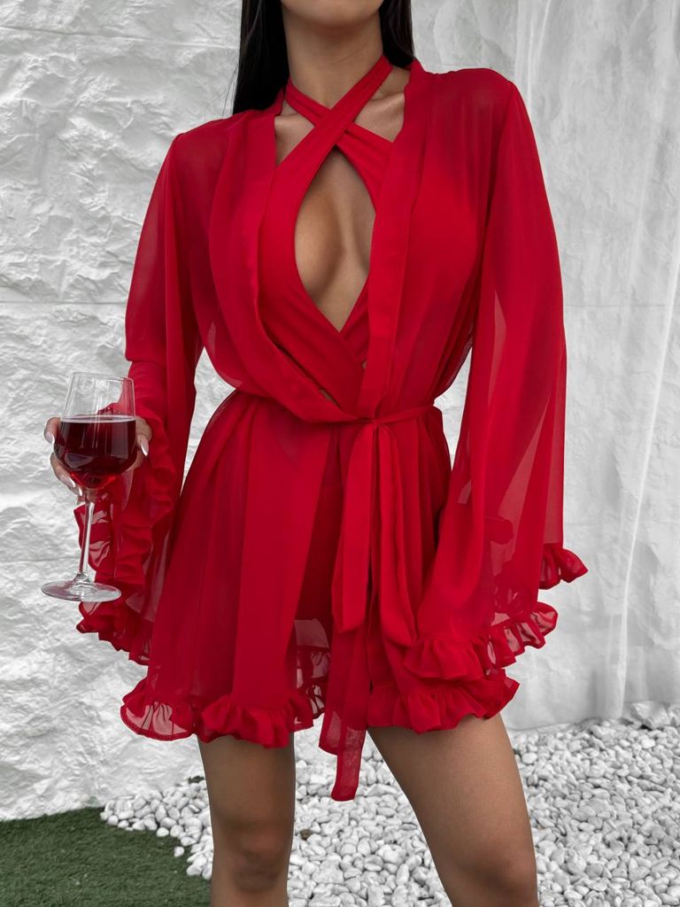 Пляжна накидка кімоно червона шифонова 