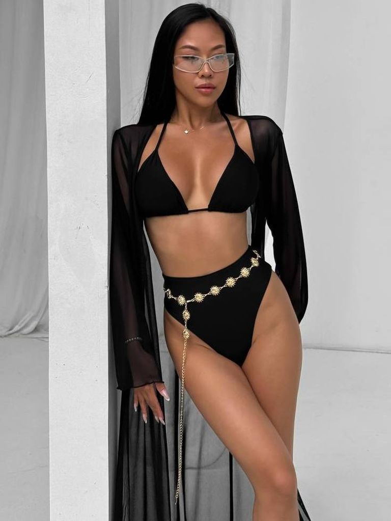 Пляжна чорна накидка сітка з довгими рукавами