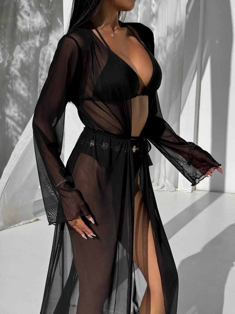 Пляжна чорна накидка сітка з довгими рукавами