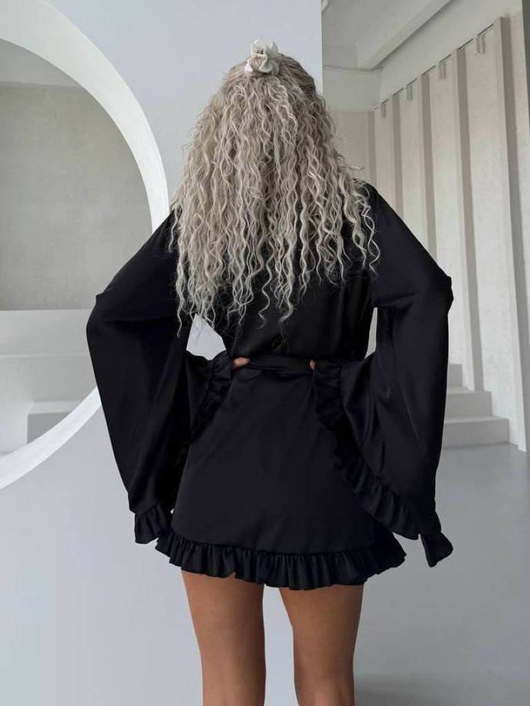 Чорний шовковий халат кімоно для пляжу та дому